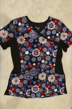 All Day X Landau Women M Scrub Top V-Neck Geometric Floral Short Sleeve Pockets