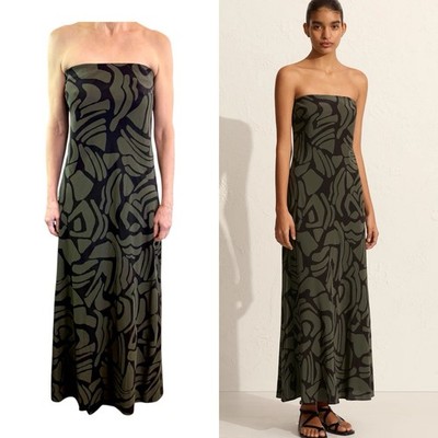 Matteau Size 5 (14 Aus 10 US) Green Black Silk Pebble Bias Column  Dress