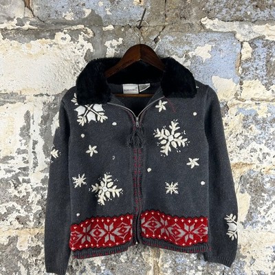 Fashion Bug Ramie Gray Snowflake Winter Faux Fur Collar Zip Up Cardigan Small