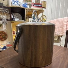 Irvinware Woodgrain Ice Bucket w/ Lid & Handle, Brown/Silver, Made in USA MCM
