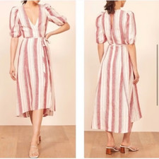 Reformation Women's Waves Savannah Stripe Wrap Dress 100% Linen Size Small