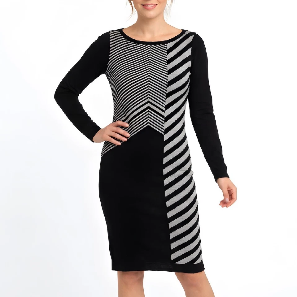 Karen Millen schwarzes figurbetontes Pulloverkleid, optische Streifen Illusio... - Bild 1 von 4