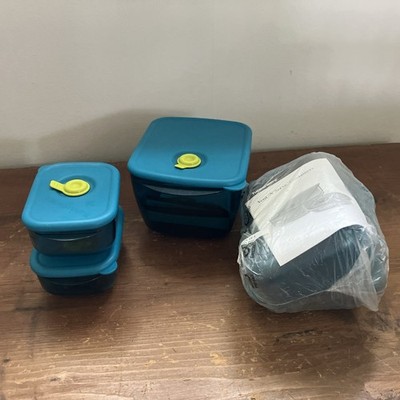 7 Tupperware  Vent 'N Serve 3387 1 Cup 3384 6 1/4 Cup & Vented Lids Peacock Teal
