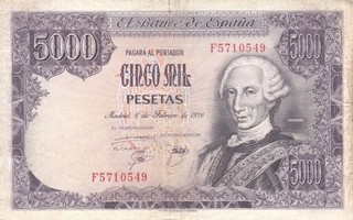 #Banco De Spain 5000 Pesetas 1976 P 155 aVF King Carlos III