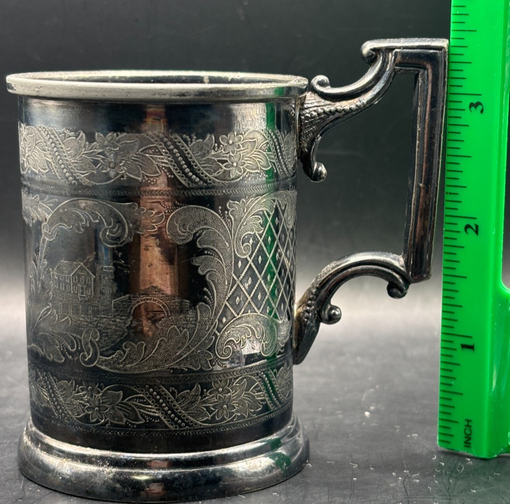 Antique Victorian Silver Plated Baby Cup River Bridge Farm House Engraving Lura