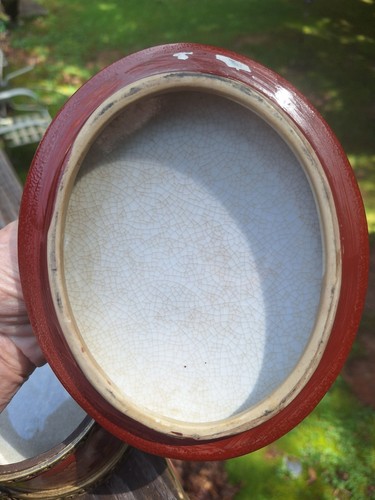 Med. Asian Style Red & Gold Oval Ceramic Box W/lid, Brass Feet & Handle READ - Picture 5 of 12