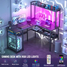 L Shaped Gaming Desk with LED Strip and Power Outlets, Reversible Computer Desk