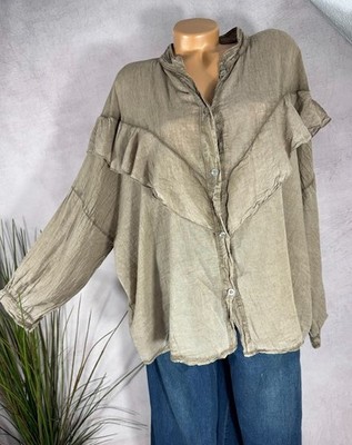 Bluse Rüschen 100% Baumwolle One Size 40-46 Washed Out Look Oversize hellbraun
