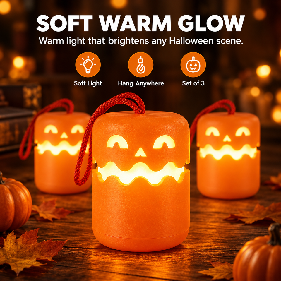 3 Pk Halloween Foldable Pumpkin Lanterns LED Light Up Hanging Jack O ...
