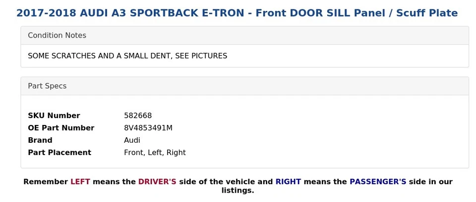 AUDI A3 SPORTBACK E-TRON 2017-2018 - Panel de umbral de puerta delantera / placa de desgaste Foto 4 de 4