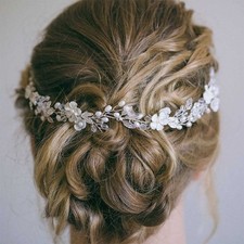 Silver Bride Pearl Hair Piece Leaf Flower Wedding Headband Crystal Accessory