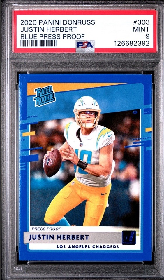 2020 Panini Donruss Justin Herbert Blue Press Proof Rated RC #303 PSA 9 B4