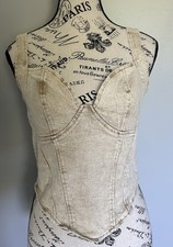 Beige Denim Sleeveless Boned Corset Top Zip Back Wide Strap Women's Size L