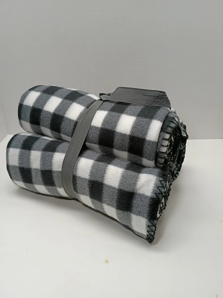 3 Blanket Set Black and White Plaid Throw Blanket - Image 2 of 3