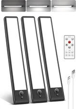 Under Cabinet Lighting, 3 Pack Motion Sensor Light with Remote, 1600mAh Recharge
