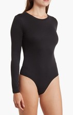 ELODIE Women's Black Ribbed Crewneck Long Sleeve Thong Bodysuit SZ L