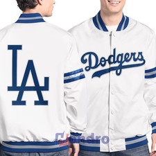 Unisex LA Dodgers White Satin Baseball Style Bomber Varsity Jacket Full Snap Up