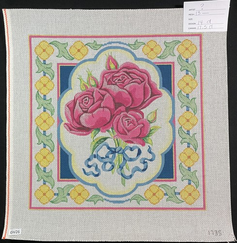 HP Needlepoint 13ct Three Pink Roses & Blue Ribbon in Yellow Flower ...