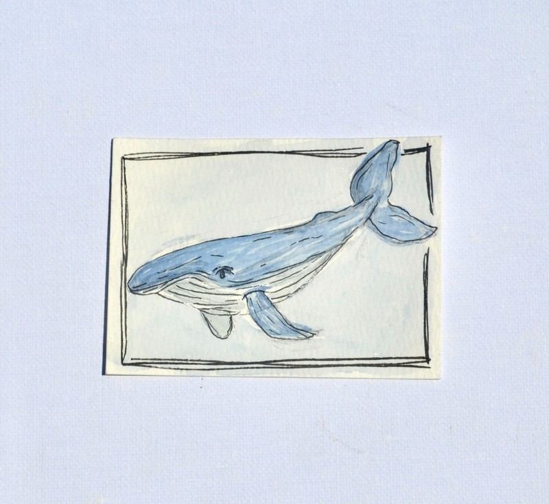 ACEO Original Art Card Mixed Media Blue Whale Painting On Watercolor Paper OOAK