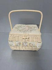 Vintage Azar Wicker Sewing Basket Beige And Floral Ex.cond