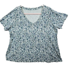 J.Jill Pure Jill Tee Top Size XL Side Slit V Neck Elliptical Blue Floral Print