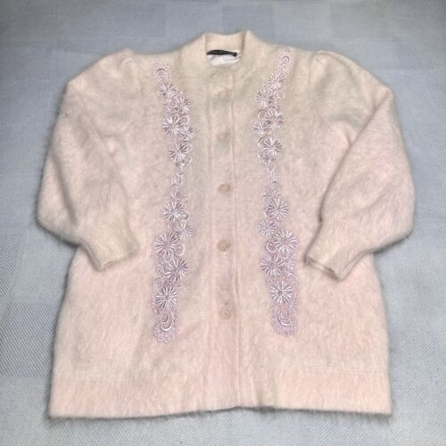 Vintage 80s Lee Sands Pink Rabbit Angora Pearl Floral Sweater Cardigan One Size