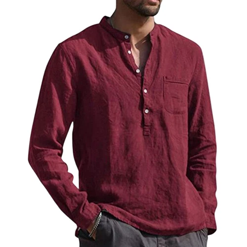 T-shirt uomo manica lunga cotone lino casual tinta unita bottoni scollo a V - Foto 7 di 25