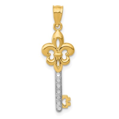 14k Two-tone Gold Polished Fleur De Lis Key Charm Pendant 0.55 gram, L-1.15 In
