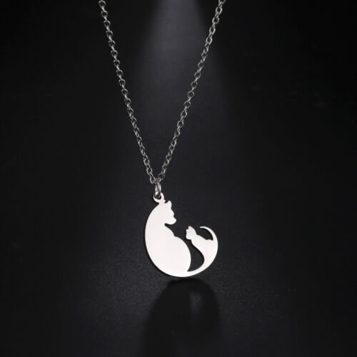 Lovely Mom & Kid Cat Pendant Necklace Cute Animal Stainless Steel Choker Jewelry - Picture 1 of 25