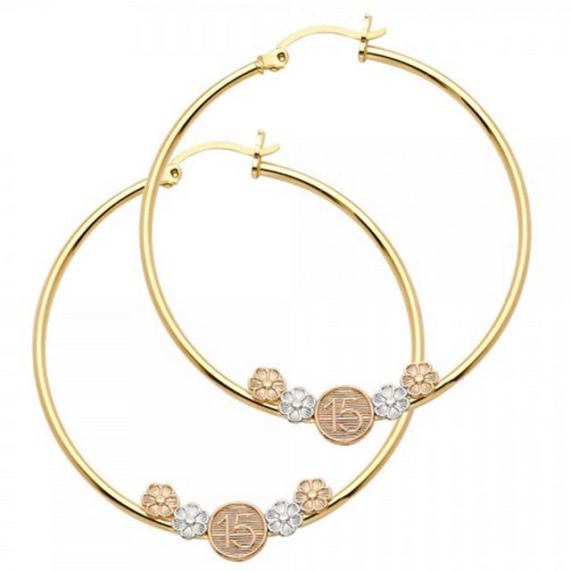 14k Tri Tone Gold Hoop Earrings 15 Quinceañera Oro Aretes Quince Años
