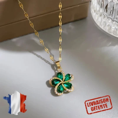 PRETTY FAD Collier Porte-Bonheur Trèfle Vert Émeraude🌿 - Pendentif Femme - Pochette Cadeau
