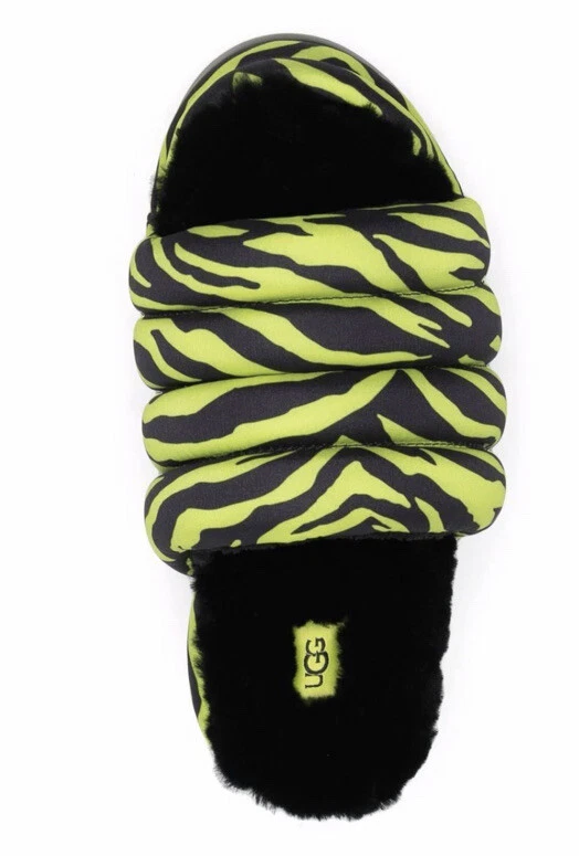 NUOVO UGG Maxi stampa tigre mimetico slide slip on sandalo pelliccia di agnello in chiave lime 9