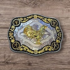 Cowboy Belt Buckle For Man - Rooster and 4 Stars 4.25"x3.25" Silver/Black/Gold