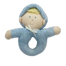 Vintage Eden BLUE BOY Terrycloth Baby Handheld Ring Plush Rattle Lovey 6" Blonde