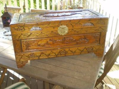 Small Vintage Camphor Wood Chest Storage Box Chinese Scene