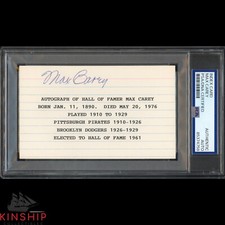 Max Carey signed 3x5 Index Card PSA DNA Slabbed Baseball HOF Auto C4552