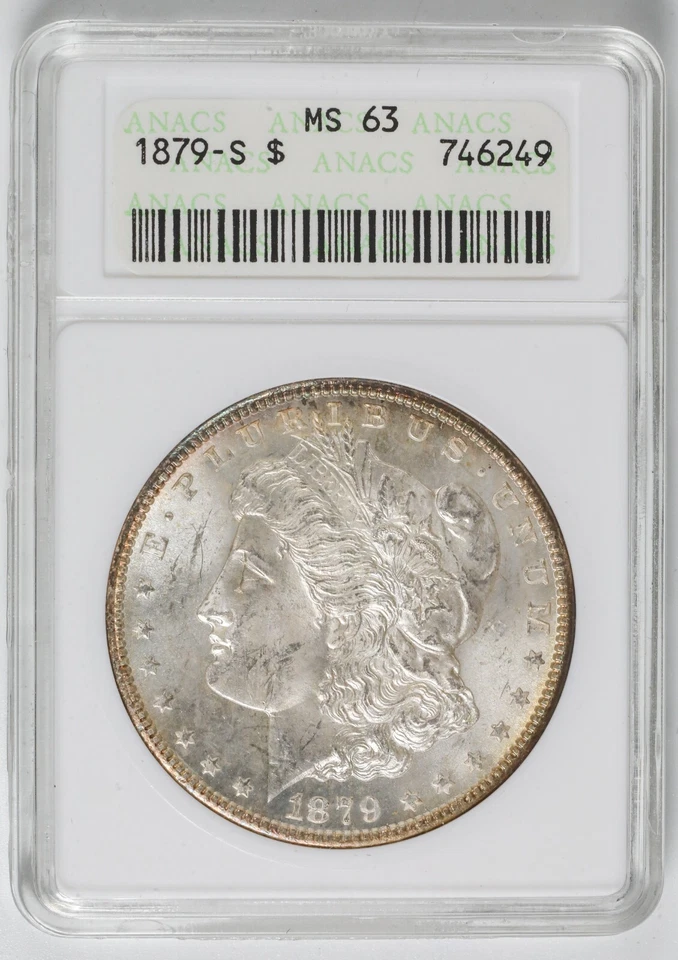 1879-S Morgan dólar de plata ANACS MS-63 soporte para jabonera tono arco iris Foto 4 de 4