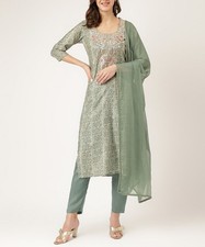 Green Floral Chanderi Kurta Trouser Set with Dupatta Women Indian Ethnic Wear