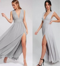 Lulus Heavenly Hues Maxi Dress Sz M Gray Chiffon Ball Gown Formal Wedding Prom