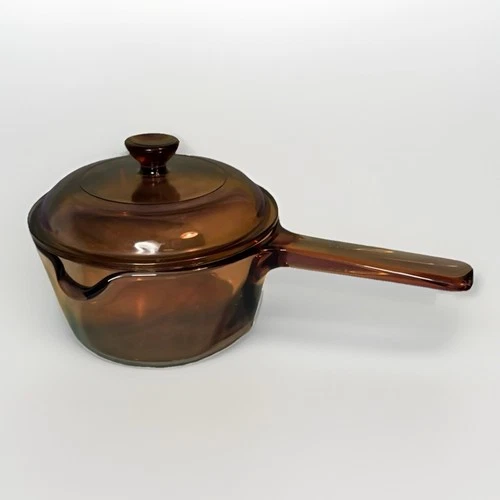 Vintage Corning Ware Visions Amber 1 Liter Spout Saucepan With Lid USA EUC