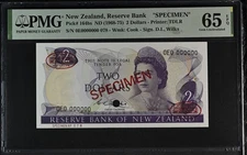 New Zealand 2 Dollars Specimen 1968-75 P164bs PMG Gem Uncirculated 65 EPQ