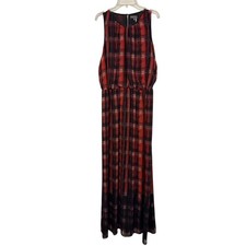 Vince Camuto Ombre Plaid Maxi Dress Red Black tan Flowing Blouson Women's Large 