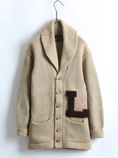 DURABLE KNITTED OUTERWEAR Shawl Collar Lettered Cardigan Natural Men's Tops Rare