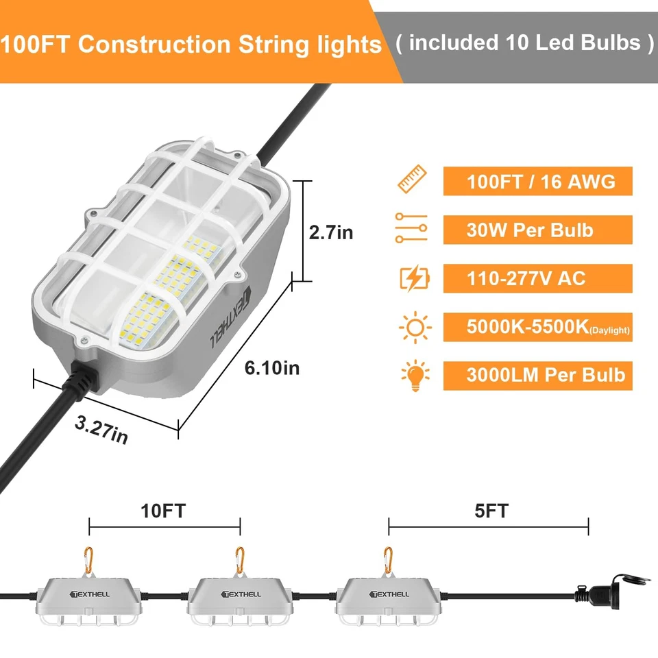 100ft LED Construction String Lights 300W Super Bright 30000LM Work Lights St... - Image 2 of 4
