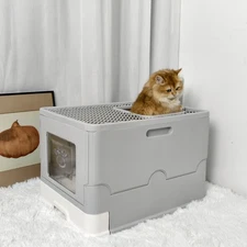 No-Mess Hooded Cat Litter Box w/ Scoop Foldable Slide-out Litter Tray Box Toilet