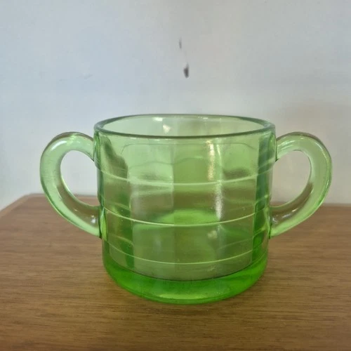 Vintage Anchor Hocking Green Vaseline Block Optic Glass Sugar Bowl GLOWS