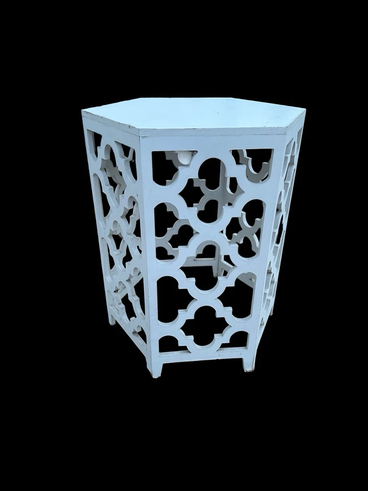 White Lattice Style Side Table Hexagonal Slightly Shabby Chic - Image 2 of 4