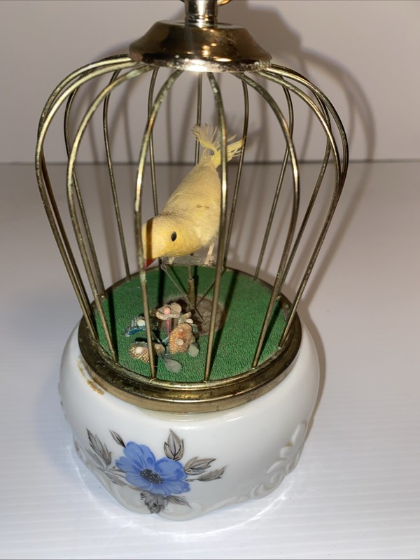 Vintage Rare TOYO Bird In Birdcage Motion Wind Up Porcelain Music Box Works Good