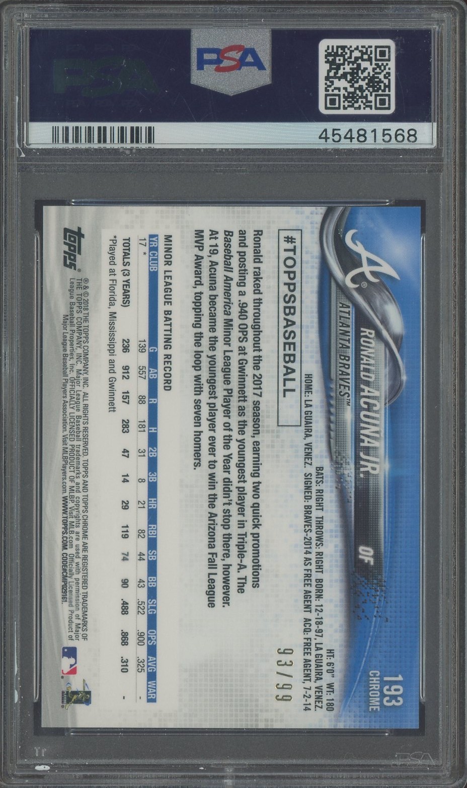 2018 Topps Chrome Green Wave Refractor Ronald Acuna Jr RC Rookie /99 PSA 10 view 2