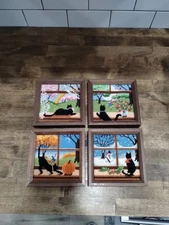 4 Vtg Needlepoint Black Cat Window Spring Summer Autumn Winter Framed Seasons